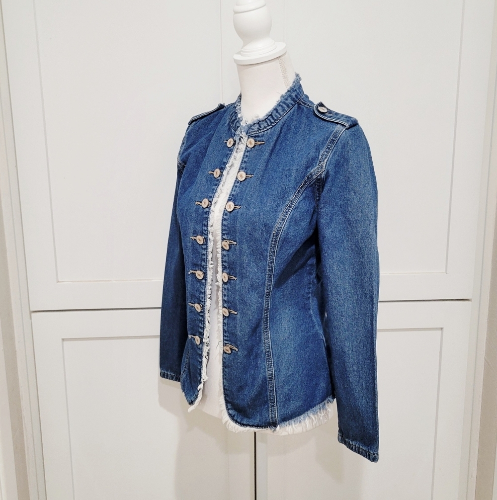 Open Front Denim Military-Style Jacket - Blue | Size Small - Picture 2 of 5
